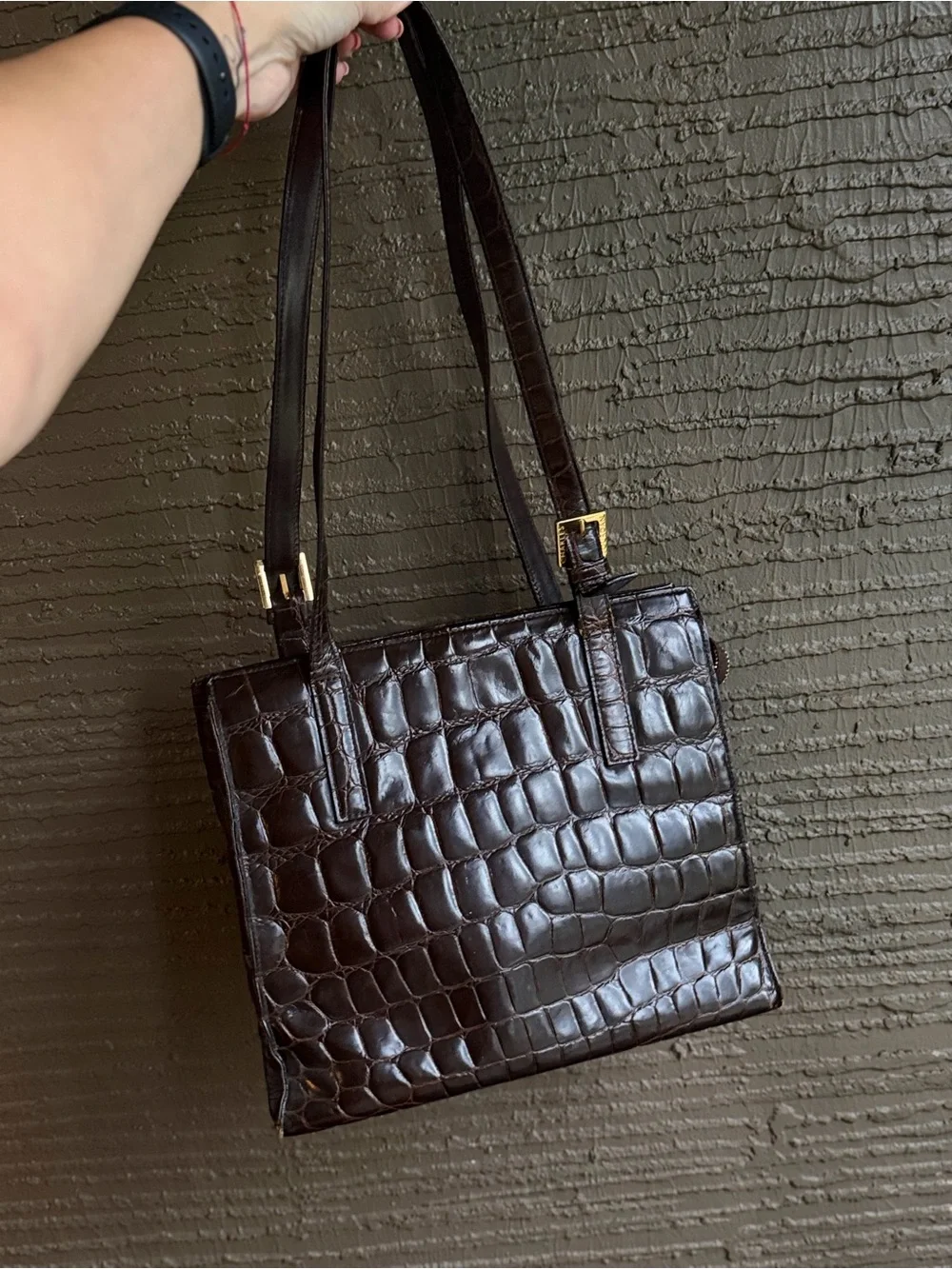 Charles Jourdan Paris Vintage Brown Croc Embossed Leather Shoulder Tote
